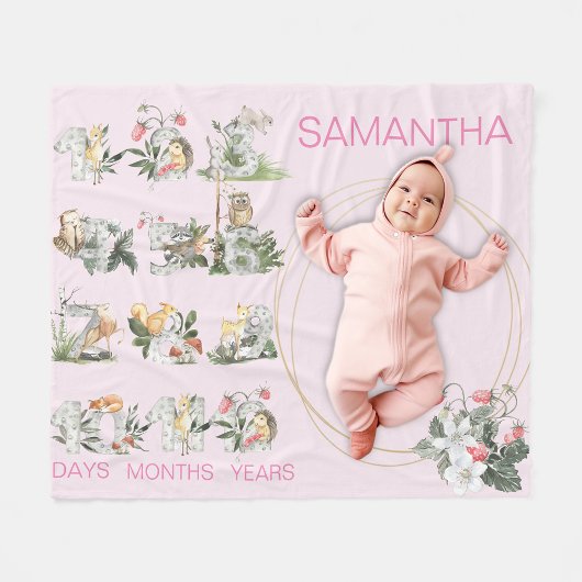 ウッドランド動物カスタムのナンバーマイルストーンエイジングピンク フリースブランケット
