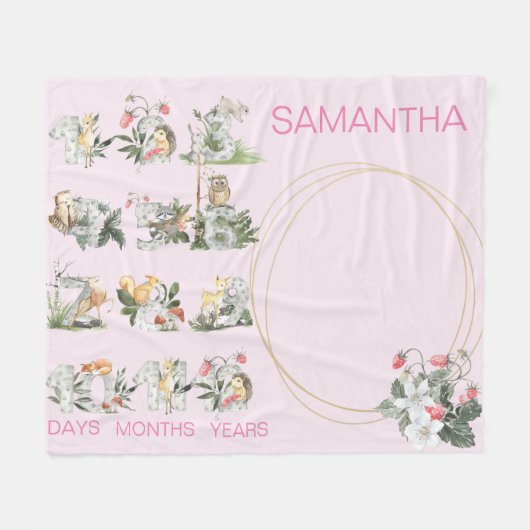 ウッドランド動物カスタムのナンバーマイルストーンエイジングピンク フリースブランケット (正面(横))