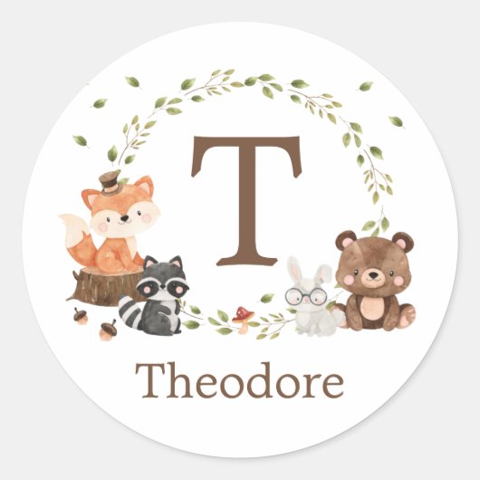 ウッドランド動物カスタムズモノグラム ラウンドシール (正面)