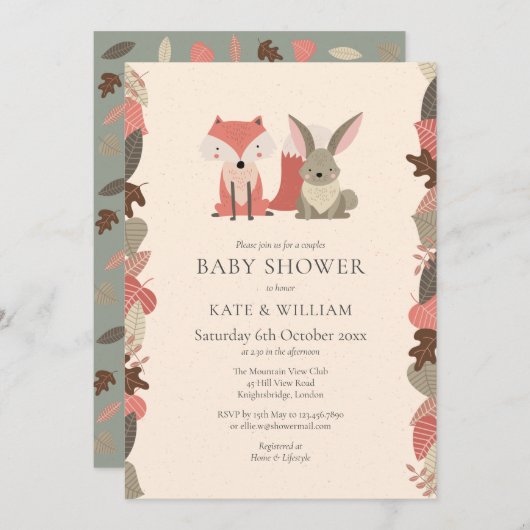ウッドランド動物カップル赤ちゃんシャワー散水 招待状 (正面/裏面)