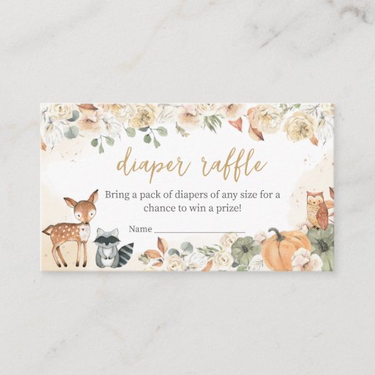 ウッドランド動物カボチャ赤ちゃんシャワーおむつラッフル エンクロージャーカード (正面)