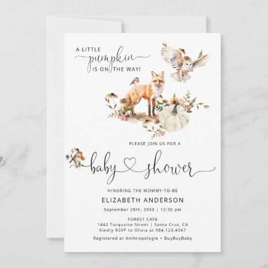 ウッドランド動物カボチャ赤ちゃんシャワーブックリクエスト 招待状 (正面)
