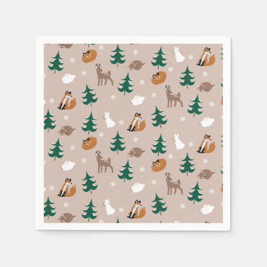 ウッドランド動物キツネディアラビットスノーフレークの木 スタンダードカクテルナプキン (正面)