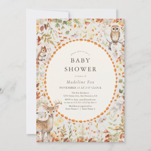 ウッドランド動物キノコの森の赤ちゃんシャワー 招待状 (正面)