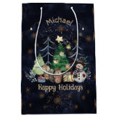 ウッドランド動物クリスマスネイビーブルー ミディアムペーパーバッグ (正面)