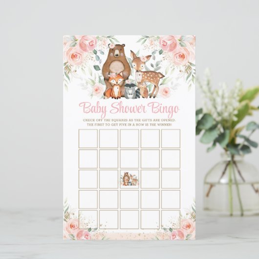 ウッドランド動物ピンクのバラ赤ちゃんシャワービンゴゲーム (スタンド正面)