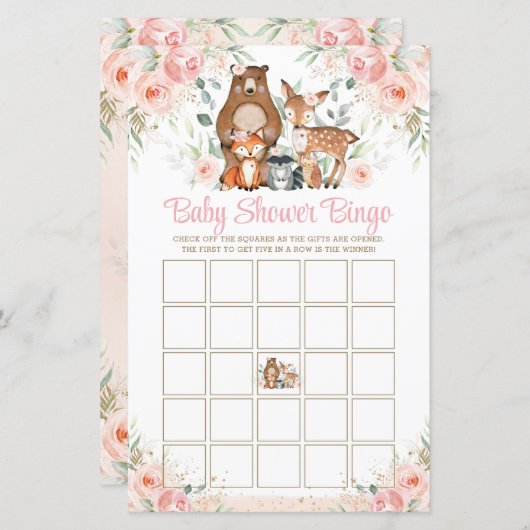 ウッドランド動物ピンクのバラ赤ちゃんシャワービンゴゲーム (正面/裏面)