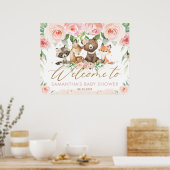 ウッドランド動物ピンクのフローラ赤ちゃんシャワーへようこそ ポスター (キッチン)