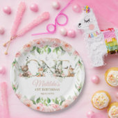 ウッドランド動物ピンクフローラガール1歳の誕生日  ペーパープレート (パーティー)