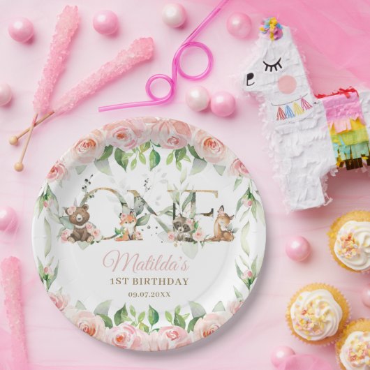 ウッドランド動物ピンクフローラガール1歳の誕生日 ペーパープレート (パーティー)