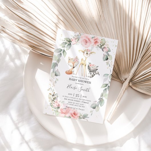 ウッドランド動物ピンクフローラ緑の赤ちゃんシャワー 招待状