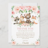 ウッドランド動物ピンクフローラ誕生日ベイビーシャワー  サンキューカード (正面)
