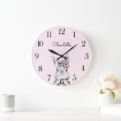 ウッドランド動物ピンク水彩ベビー名子供部屋 ラージ壁時計 (ホーム)