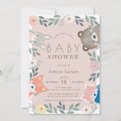 ウッドランド動物フローラピンクガールベビーシャワー 招待状 (正面)