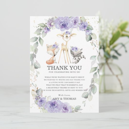 ウッドランド動物フローラ赤ちゃんシャワーサンキューカード 招待状 (スタンド正面)