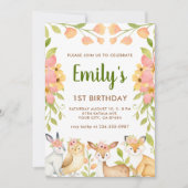 ウッドランド動物フローラ1st誕生日パーティー 招待状 (正面)