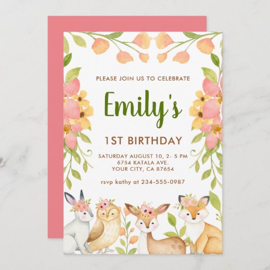 ウッドランド動物フローラ1st誕生日パーティー 招待状 (正面/裏面)