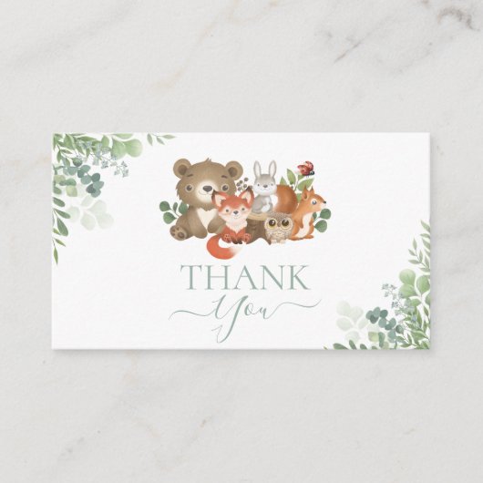 ウッドランド動物ベビーシャワー誕生日ありがとう エンクロージャーカード (正面)