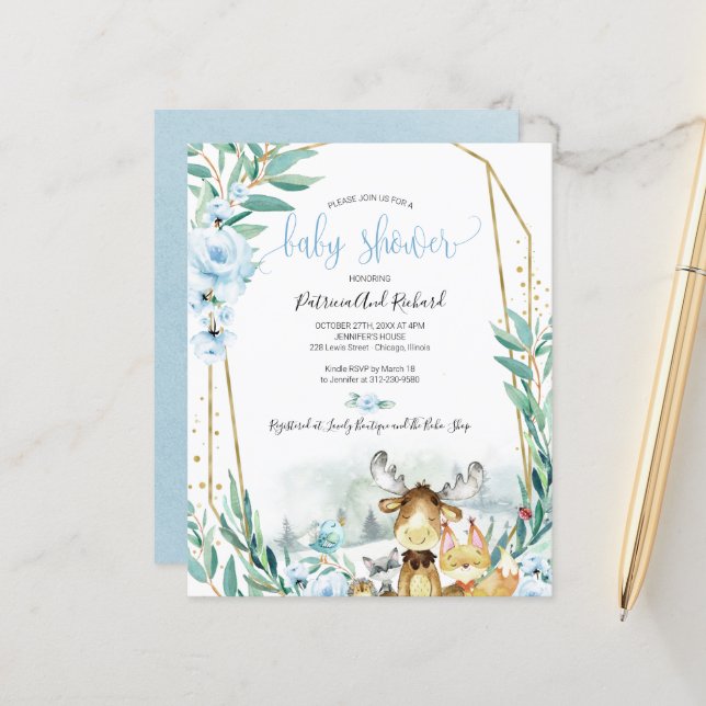 ウッドランド動物ベビースシャワー予算招待状 (正面/裏面インサイチュ)
