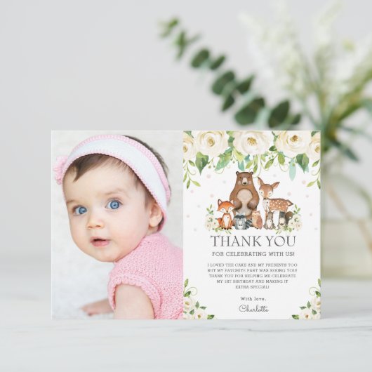 ウッドランド動物ホワイトアイボリーフローラ1歳の誕生日 サンキューカード (スタンド正面)