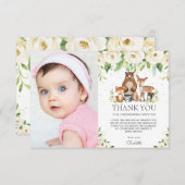 ウッドランド動物ホワイトアイボリーフローラ1歳の誕生日 サンキューカード (正面/裏面)