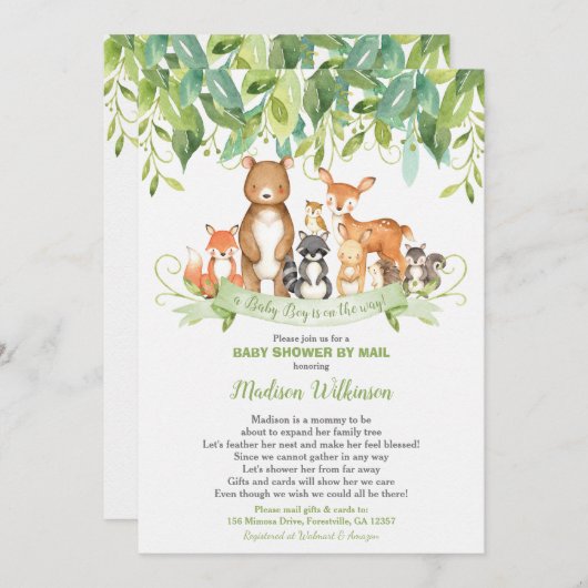 ウッドランド動物仮想ベビーシャワーメール緑 招待状 (正面/裏面)