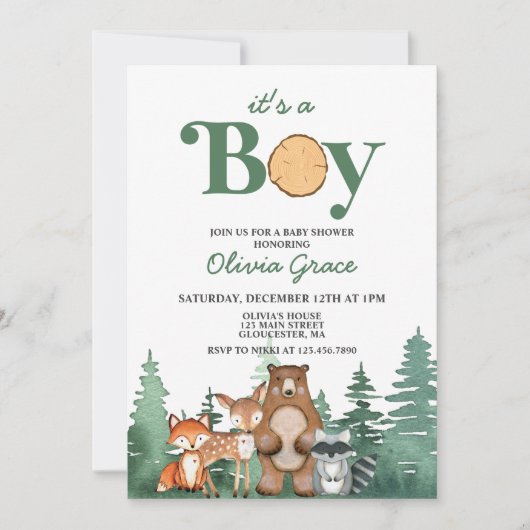 ウッドランド動物休憩少年の赤ちゃんシャワー 招待状 (正面)