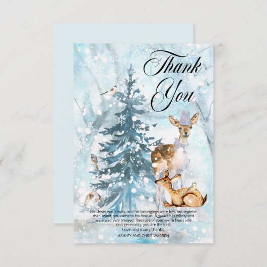 ウッドランド動物冬季少年の赤ちゃんシャワー サンキューカード (正面/裏面)
