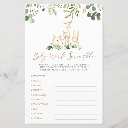 ウッドランド動物単語スクランブル赤ちゃんシャワーゲーム (正面)