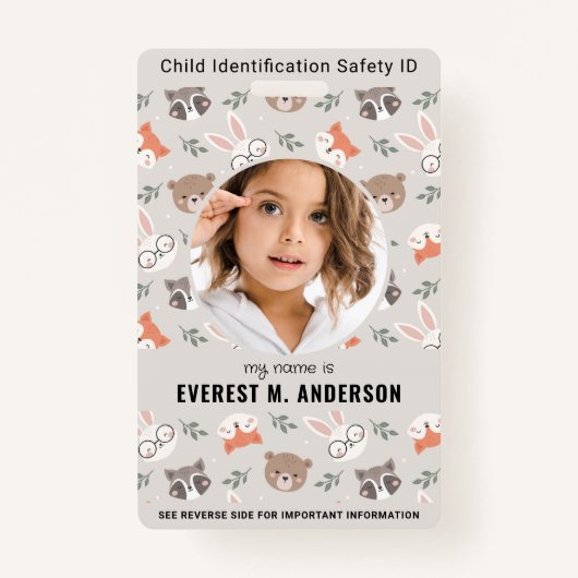 ウッドランド動物可愛カスタムいモダンフォトチャイルドID バッジ (正面)