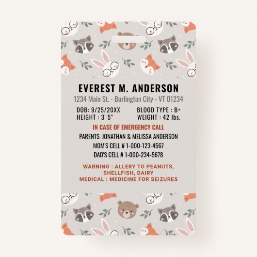 ウッドランド動物可愛カスタムいモダンフォトチャイルドID バッジ (裏面)