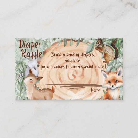 ウッドランド動物園のおむつラッフルベビシャワーカード エンクロージャーカード (正面)