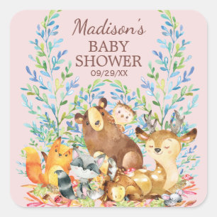 ウッドランド動物女の子の赤ちゃんシャワーお気に入りシール スクエアシール
