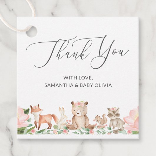 ウッドランド動物少女かわいい感謝の赤ちゃんシャワー フェイバータグ (正面)