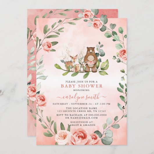 ウッドランド動物少女の赤ちゃんシャワー 招待状 (正面/裏面)