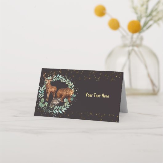 ウッドランド動物座席表食品ラベルブラック プレイスカード (裏面)