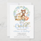 ウッドランド動物彼は野生の1番目の誕生日 招待状 (正面)