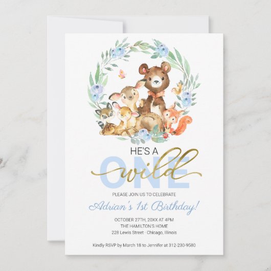 ウッドランド動物彼は野生の1番目の誕生日 招待状 (正面)