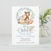 ウッドランド動物彼は野生の1番目の誕生日 招待状 (スタンド正面)