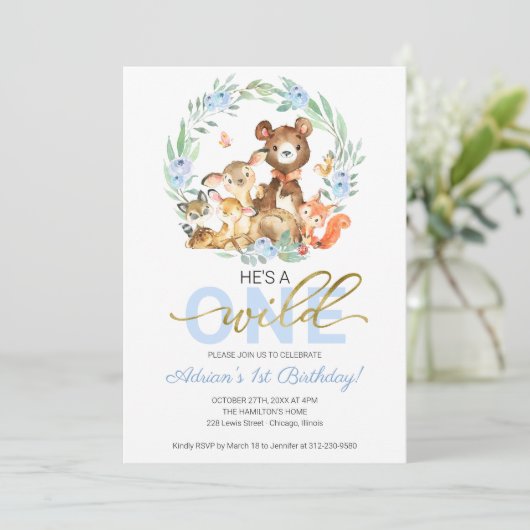 ウッドランド動物彼は野生の1番目の誕生日 招待状 (スタンド正面)