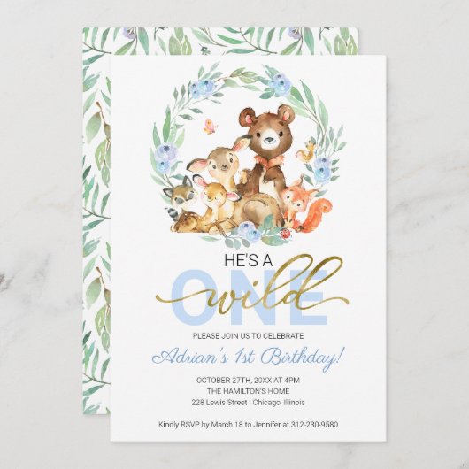 ウッドランド動物彼は野生の1番目の誕生日 招待状 (正面/裏面)