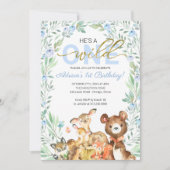 ウッドランド動物彼は野生の1番目の誕生日 招待状 (正面)