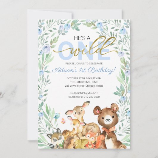 ウッドランド動物彼は野生の1番目の誕生日 招待状 (正面)