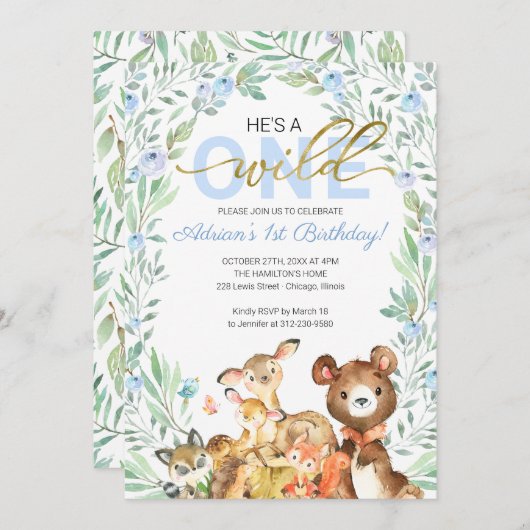 ウッドランド動物彼は野生の1番目の誕生日 招待状 (正面/裏面)