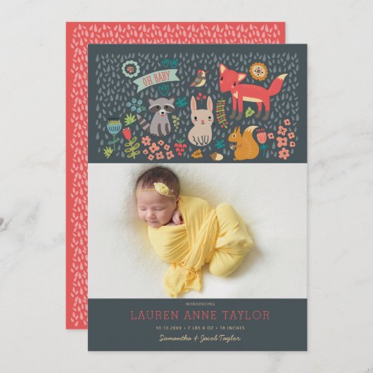ウッドランド動物新生児誕生のお知らせ 招待状 (正面/裏面)
