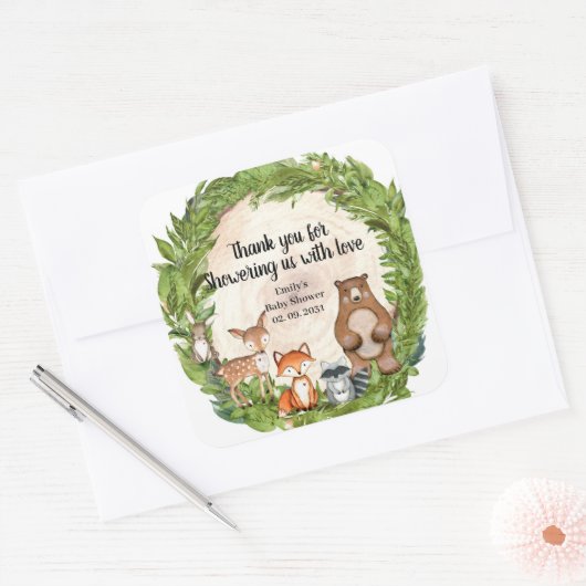 ウッドランド動物木製スライスの緑のベビー スクエアシール (封筒)