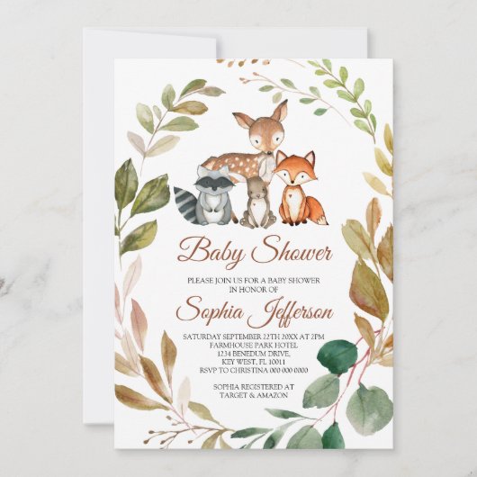 ウッドランド動物林素朴赤ちゃんシャワー 招待状 (正面)