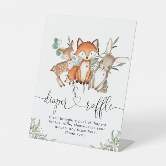 ウッドランド動物林赤ちゃんシャワーおむつラッフル 台座サイン (正面)