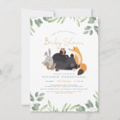 ウッドランド動物森林緑の金ゴールド赤ちゃんシャワー 招待状 (正面)