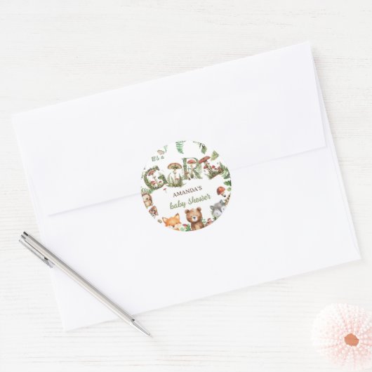 ウッドランド動物植物性ベビーガールシャワー ラウンドシール (封筒)